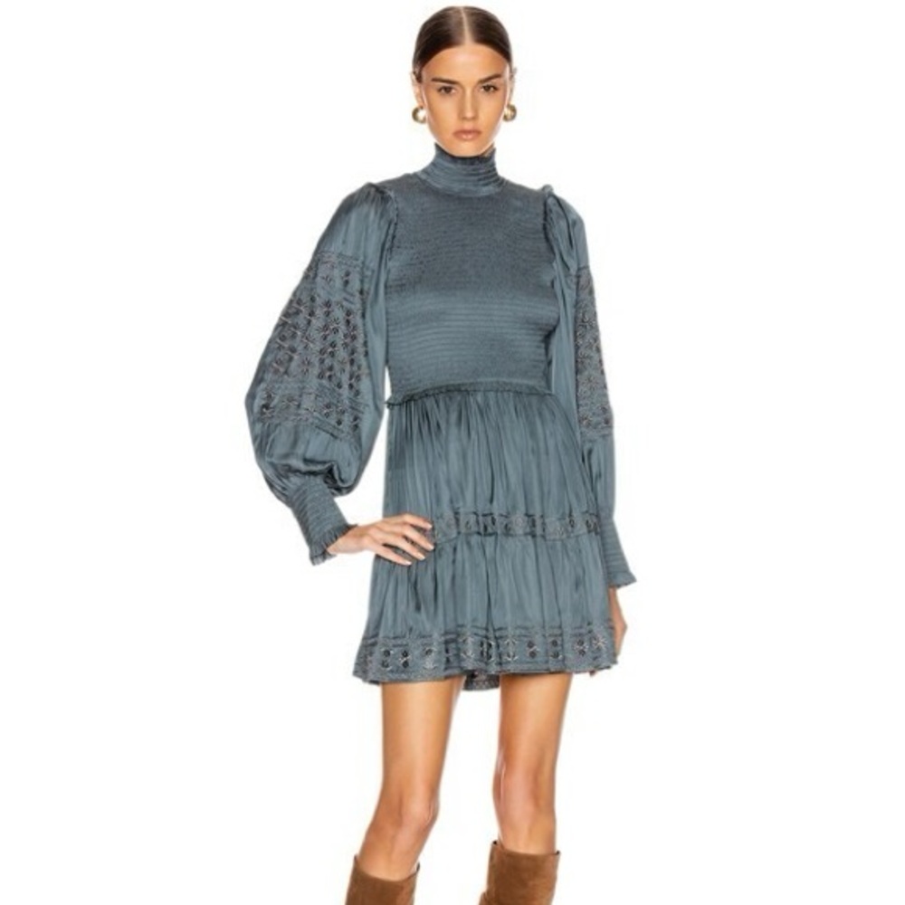 ULLA JOHNSON "Angelica" smocked bodice mini dress in slate gray